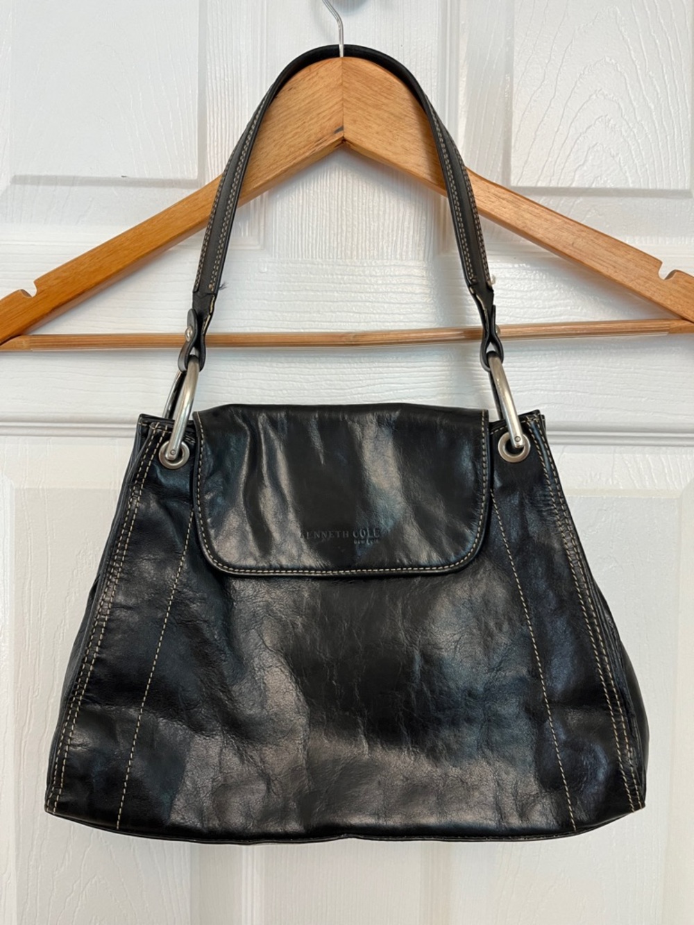 Kenneth Cole New York Black Leather Shoulder Bag with Silver Hardware
